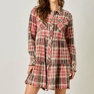 Plaid Button-Up Dress with Pockets